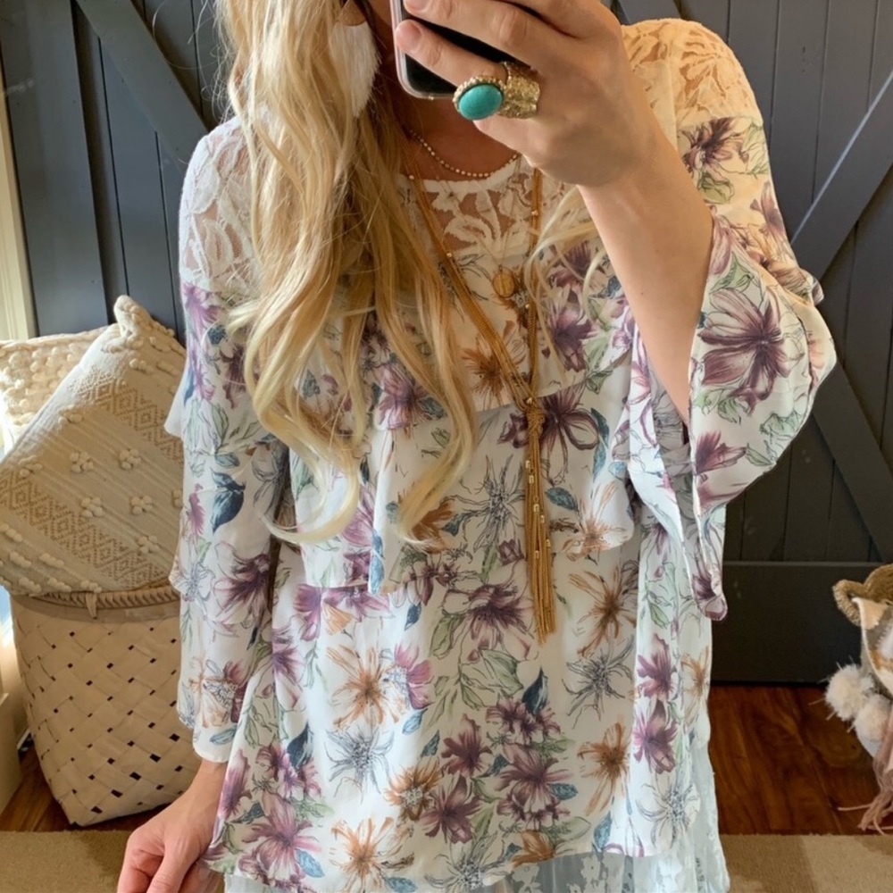 Boho Ruffle and Lace Spring Floral Blouse